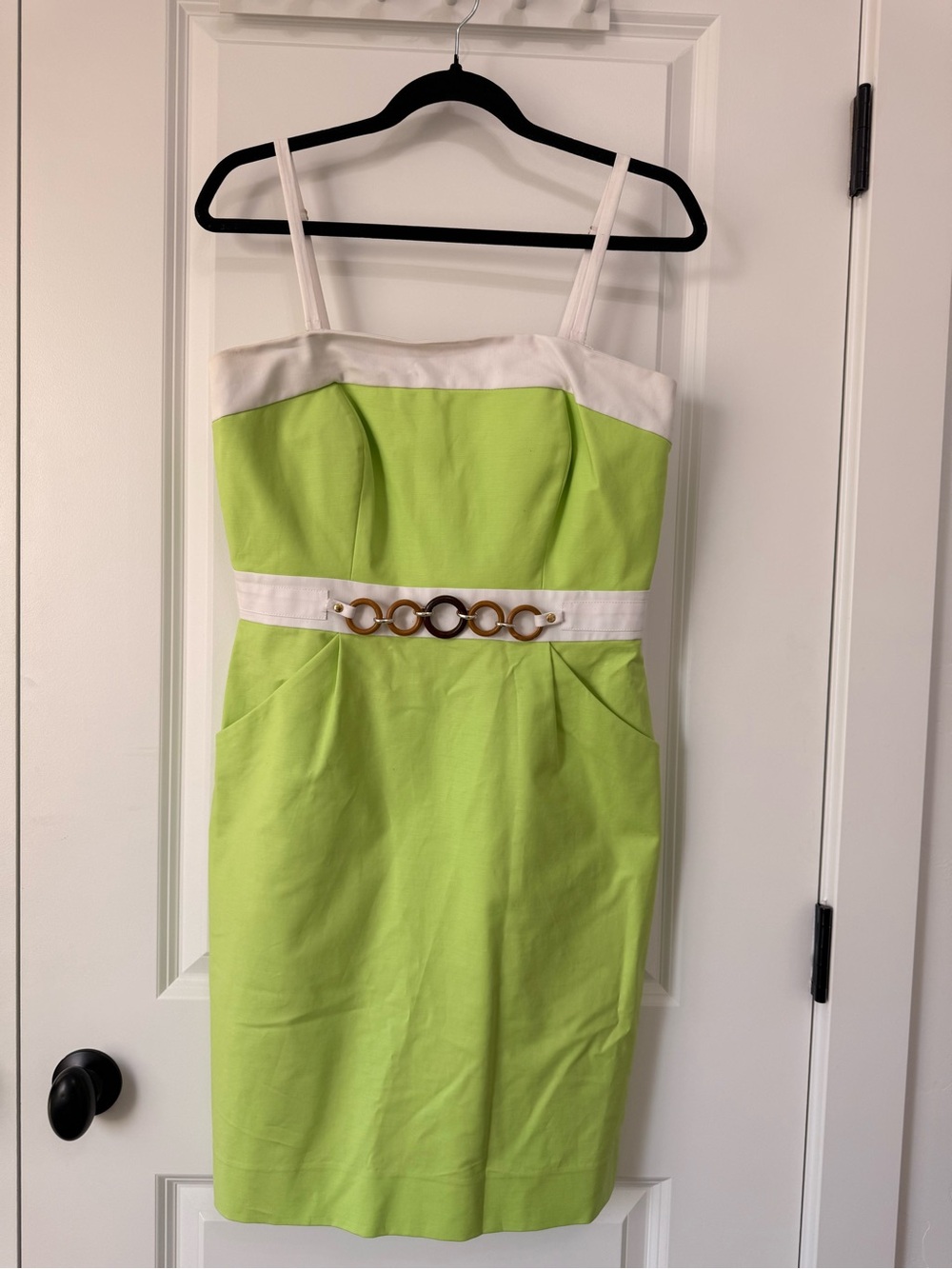 ANTONIO MELANI Lime Green and White Sheath Dress with Decorative Ring Belt